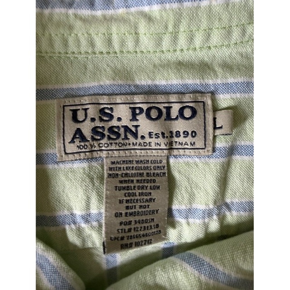 US Polo Assn Kids Large Green Blue Striped Long Sleeve Button Down Shirt Cotton - Picture 5 of 5